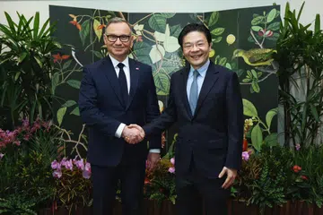 Perdana Menteri, Encik Lawrence Wong (kanan), bertemu dengan Presiden Poland, Encik Andrzej Duda, pada 13 Jun. Ia merupakan lawatan rasmi pertama Encik Duda ke Singapura sejak menyandang jawatan Presiden pada 2015.