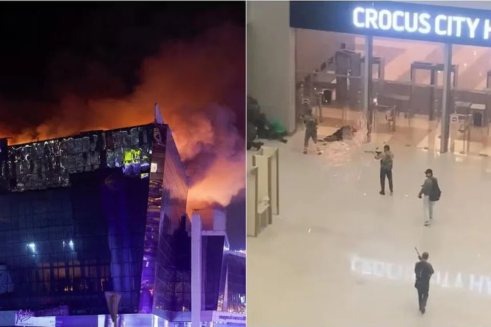 Penyerang bersenjata menyamar dengan berpakaian seragam pasukan keselamatan, memasuki bangunan, melepaskan tembakan dan melemparkan bom tangan di Dewan Bandaraya Crocus, di Krasnogorsk, di luar Moscow, Russia, pada 22 Mac. 