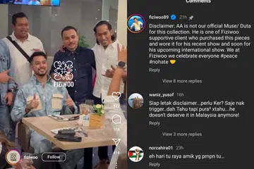Ruangan komen Instagram jenama fesyen, Fiziwoo, dibanjiri komen warga siber yang tidak berpuas hati melihat Aliff Aziz (duduk di tengah) memperagakan busana Fiziwoo.