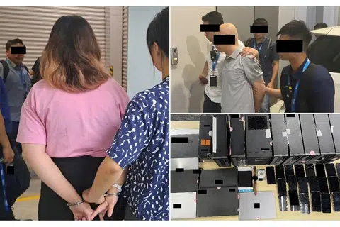 DIBERKAS: Sebilangan orang diberkas selain peranti digital yang dirampas dalam operasi dua hari yang dilakukan MOM. - Foto MOM