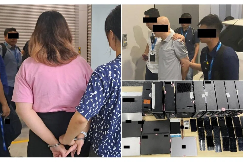 DIBERKAS: Sebilangan orang diberkas selain peranti digital yang dirampas dalam operasi dua hari yang dilakukan MOM. - Foto MOM