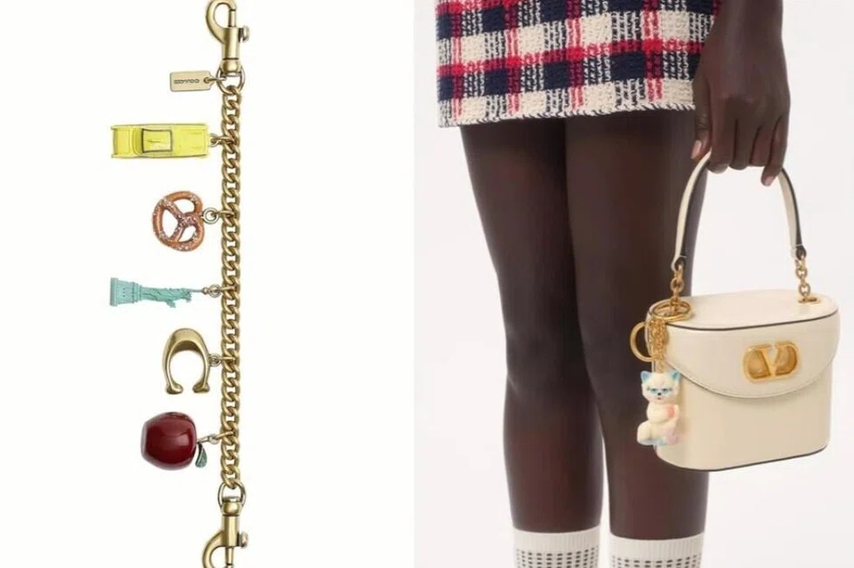 Hiasan kalung beg motif rantai Coach New York berharga $295 (kiri) dan aksesori beg Valentino Garavani Le Chat De La Maison Nylon dengan gantungan kunci ($1,000).