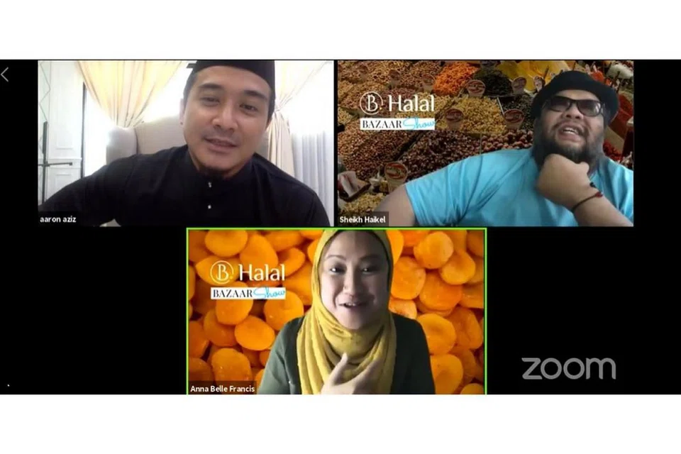 PASARKAN PRODUK DI BAZAR MAYA: Hos B Halal Bazaar Show (dari atas kiri, ikut putaran jam) Aaron Aziz, Sheikh Haikel dan Anna Belle Francis menyemarakkan penjualan dalam talian sepanjang Ramadan ini. - Foto B. HALAL / FACEBOOK