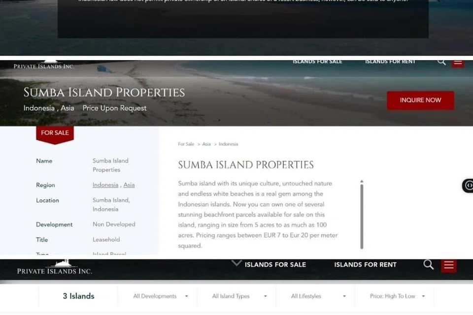 Laman web, ‘privateIslandsonline.com’ menyenaraikan beberapa buah pulau Indonesia untuk dijual 