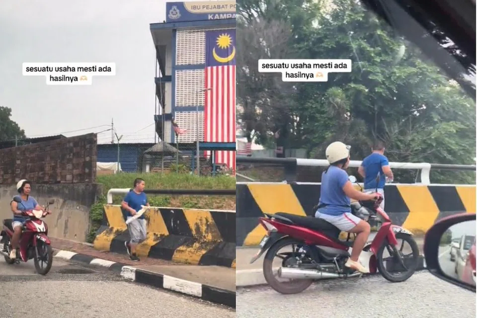 KASIH IBU: Seorang wanita memegang rotan di tangan kiri sambil mengekori seorang lelaki yang dipercayai anaknya, berlari-lari anak.