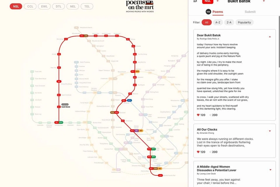 Dari 7 November 2025 hingga 8 Februari 2026, Pertandingan Menulis Puisi di MRT mengundang orang ramai menghantar puisi asli yang diinspirasikan oleh rangkaian MRT Singapura dan kawasan kejiranannya. Peta digital interaktif disiarkan secara langsung mulai 15 November untuk mempamerkan karya itu dan berfungsi sebagai tempat simpanan puisi tempatan untuk setiap stesen, sekali gus membolehkan pengguna meneroka bandar Singapura melalui puisi.