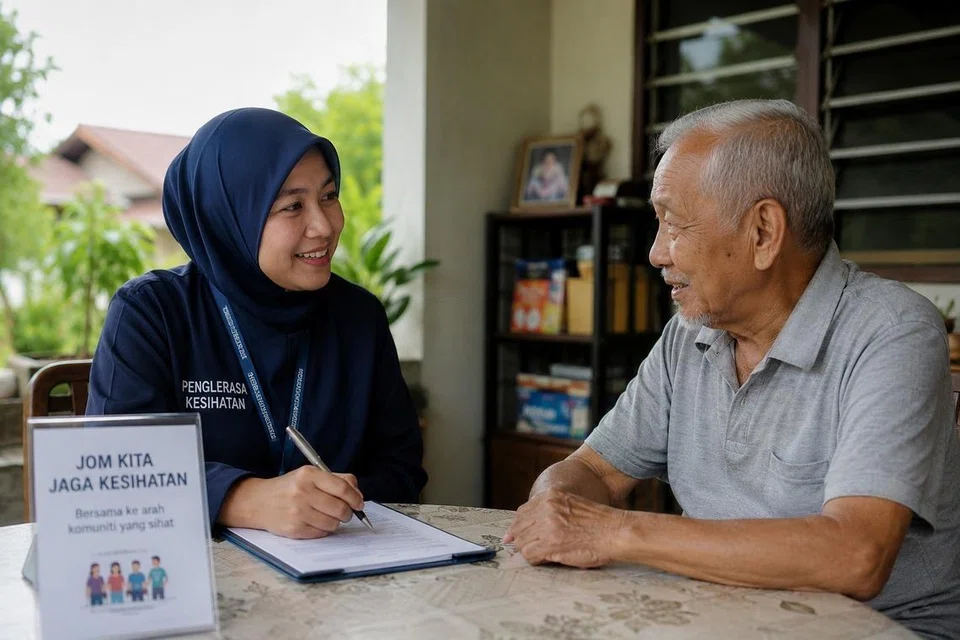 Penyelaras kesejahteraan (kiri) berbual bersama seorang warga emas semasa sesi lawatan masyarakat bagi membantu memantau keadaan kesihatan, kebajikan dan keperluan harian penduduk. Pendekatan secara peribadi dan mesra membantu membina kepercayaan serta memastikan warga emas terus mendapat sokongan yang diperlukan dalam masyarakat.