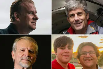 MANGSA NAHAS TITAN: (Ikut putaran jam dari kiri atas) Encik Hamish Harding; Encik Paul-Henri Nargeolet; Encik  Encik Shahzada Dawood dan anaknya Suleman Dawood; dan Encik Stockton Rush - kelima-lima maut dan mayat mereka tidak ditemui.  