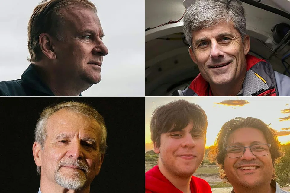 MANGSA NAHAS TITAN: (Ikut putaran jam dari kiri atas) Encik Hamish Harding; Encik Paul-Henri Nargeolet; Encik  Encik Shahzada Dawood dan anaknya Suleman Dawood; dan Encik Stockton Rush - kelima-lima maut dan mayat mereka tidak ditemui.  
