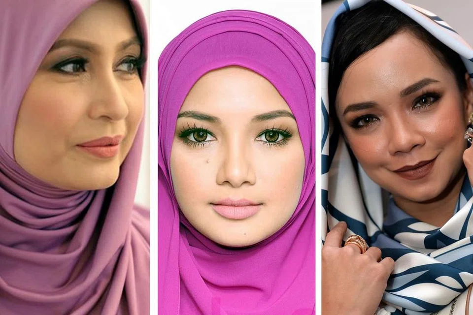 MEMANFAATKAN STATUS SELEBRITI: Dengan mengambil kesempatan imej dan status selebriti masing-masing, cef setempat, Cik Siti Mastura Alwi (kiri), telah memperkenal koleksi tudung dengan jenama Onehijab ke pasaran, manakala koleksi tudung berjenama Naelofar Hijab dan Shawl ND masing-masing dikaitkan dengan selebriti Malaysia, iaitu pengacara Neelofar (tengah) dan aktres Nora Danish.