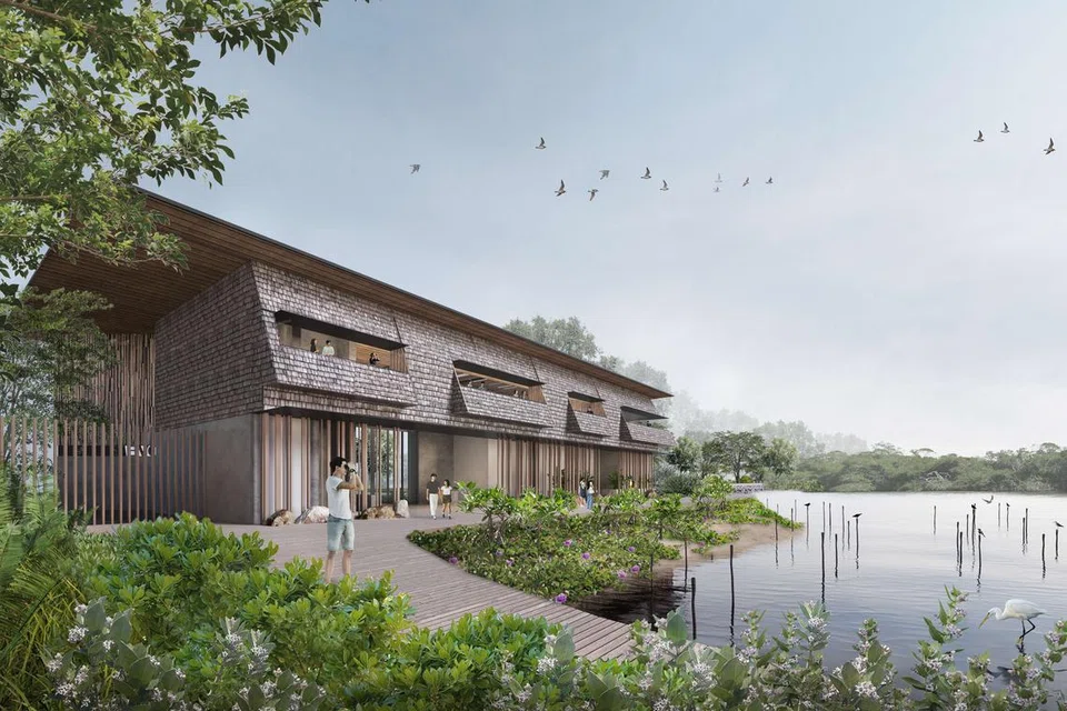 Lakaran artis bagi Taman Alam Mandai Mangrove dan Mudflat serta Koridor Alam Bukit Batok yang bakal dibuka mulai 2028. 