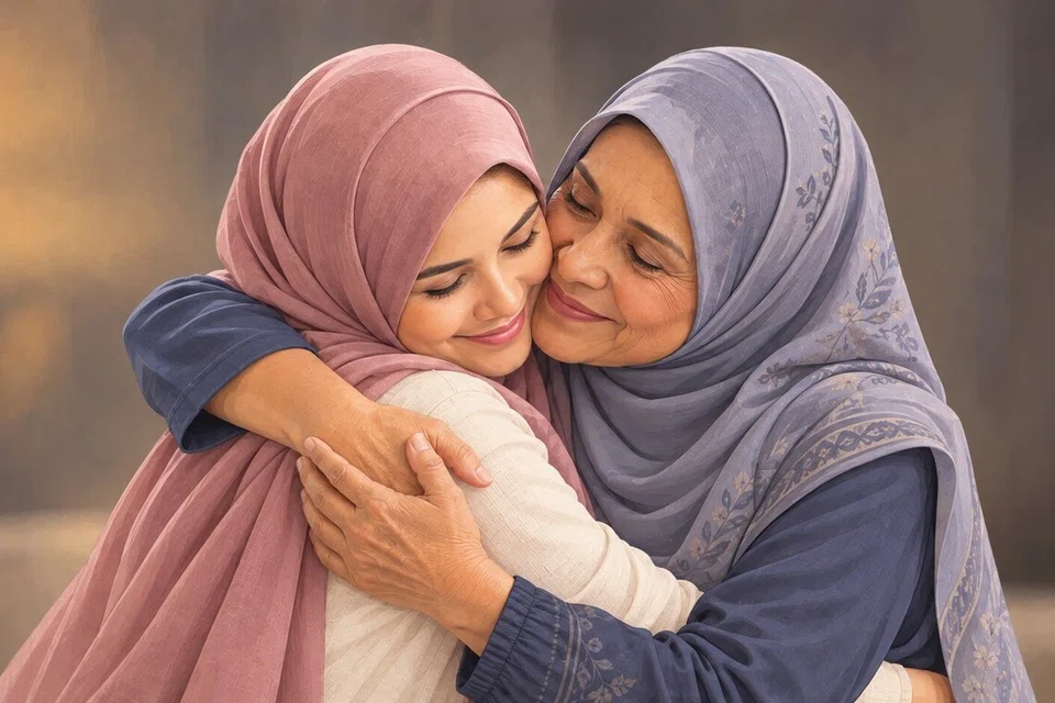 Dakapan kasih seorang ibu dan anak.