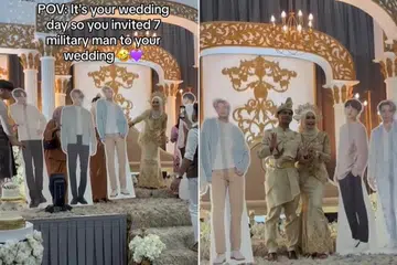 CUKUP MERIAH: Cik Ena Izzati Jamri dan suaminya Encik Muhamad Nasrul yang diijabkabulkan pada 3 Disember seolah-olah dikunjungi artis KPop lelaki, BTS. 