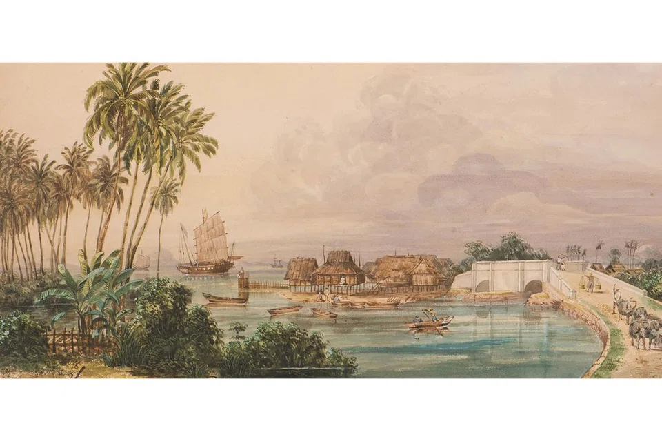PEMANDANGAN ZAMAN DULU: Lukisan Charles Henry Cazalet ini memamparkan pemandangan kapal jong Cina, kampung Melayu dan jambatan MacPherson pada abad ke-19. - Foto MUZIUM NEGARA SINGAPURA