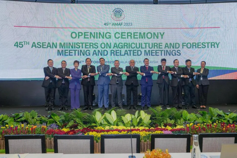 MULA PERBINCANGAN: Timbalan Menteri Pertanian dan Keterjaminan Makanan Malaysia, Encik Chan Foong Hin (tengah) bergambar bersama para delegasi pada majlis perasmian Mesyuarat Menteri-Menteri Asean Mengenai Pertanian dan Perhutanan (AMAF) Kali Ke-45 di Kuala Lumpur pada Rabu.