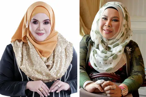 PERINGATAN BUAT PENAJA DAN PENYIAR: Penyanyi Aishah (gambar kiri) mengambil tindakan keras memohon Datuk Seri Vida (gambar kanan) meminta maaf kepadanya kerana enggan golongan artis sepertinya diperlekeh haknya dengan diberi hadiah barang kemas palsu. - Foto-foto fail
