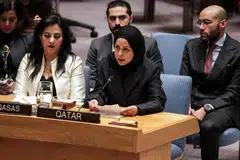 Alya Ahmed bin Saif Al-Thani, Wakil Tetap Negara Qatar ke Pertubuhan Bangsa-Bangsa Bersatu, berucap di hadapan Majlis Keselamatan semasa mesyuarat mengenai situasi di Asia Barat, di ibu pejabat PBB di New York, Amerika Syarikat, pada 18 Februari 2026. 