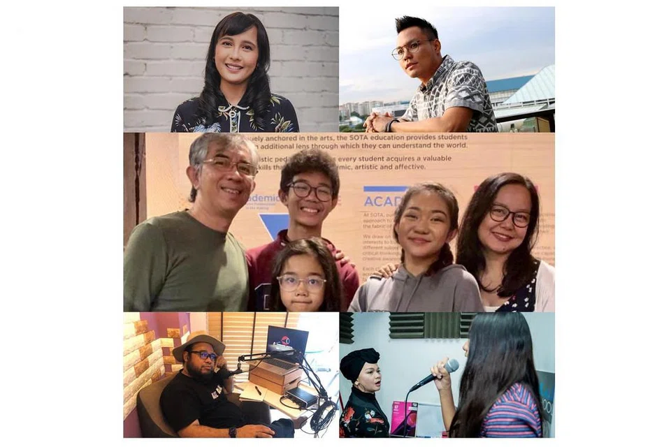 SEMARAK SENI: (Dari kiri, petak atas mengikut putaran jam): Penerbit drama dan telefilem, Cik Nusaibah Rahim, penyanyi Hyrul Anuar, keluarga pemilik balai seni Cik Masturah Sha'ari dan Encik Jeffrey Wandly guru vokal Nana Karia dan aktivis teater Encik Saiful Amri berharap Universiti Seni Singapura yang pertama (perikatan Nafa dan Lasalle) akan mengenalkan kerencaman kursus tukikan khususnya yang meneroka cabang bisnes seni dan seni tradisional setiap kaum. - Foto-foto ihsan MASTURAH SHA'ARI dan fail