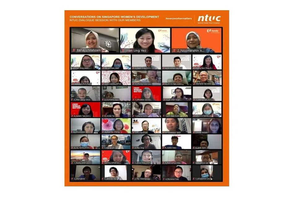KETENGAHKAN PANDANGAN: Sesi dialog anjuran Unit Wanita dan Keluarga Kongres Kesatuan Sekerja Kebangsaan (NTUC), yang diadakan melalui Zoom baru-baru ini, bertujuan mengumpulkan maklum balas mengenai isu yang menjejas wanita di tempat kerja. - Foto NTUC