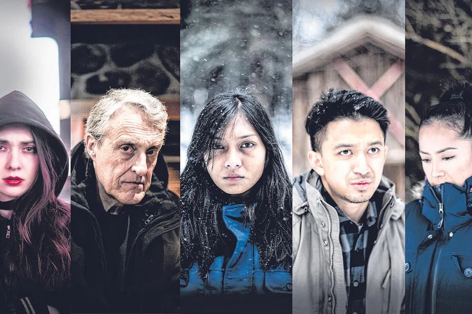 KULTUS: Drama lakonan (dari kiri) Alexandra Chelaru, Dan Berkey, Lydia Asyiqin, Syarif dan Suhaillah Salam ini menjelajah ke Upstate New York di Amerika Syarikat bagi paparan kisah 'cult', suatu isu yang tidak pernah diteroka drama Melayu Singapura sebelum ini. - Foto KONXEPZ PRODUCTIONS