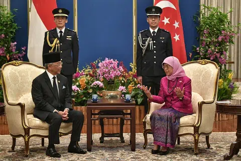 TERUSKAN KERJASAMA: Sultan Abdullah berpeluang bertukar-tukar pandangan dengan Presiden Halimah di Istana semalam sebelum berlangsungnya Jamuan Negara. - Foto BH oleh ARIFFIN JAMAR