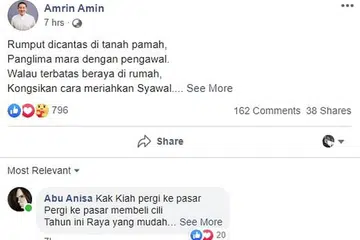 SENDA SELOKA: Tinjauan Berita Harian di laman Facebook Encik Amrin Amin kelihatan jualan pantunnya laku dengan lebih 160 pengguna media sosial setakat ini sedia membeli dan membalas pantun beliau. Malah ada diantara pantun-pantun ini dibalas beliau. 