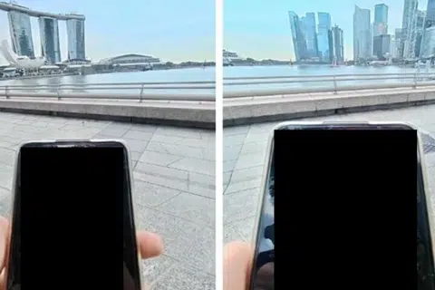 Cyrus mengambil gambar dirinya memegang telefon bijak yang menunjukkan penerbitan elektronik kumpulan ekstremis yang disokongnya, dengan latar belakang Marina Bay Sands. Penerbitan elektronik yang dipaparkan dalam gambar asal telah dipadam dalam gambar ini.
