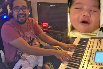 BERSAMA ANAK KELIMA: Pelawak Johan berharap netizen tidak panik melihat bayinya tidur di atas pahanya kerana beliau mengutamakan keselamatan. - Foto INSTAGRAM @JOZLYNNHANANIA