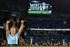 REKOD BARU: Skrin gergasi mengiktiraf penyerang Manchester City dari Norway, Erling Haaland, menjaringkan 'gol terbanyak dalam satu musim' selepas City menewaskan West Ham 3-0 di Stadium Etihad pada Rabu. - Foto-foto AFP, EPA-EFE