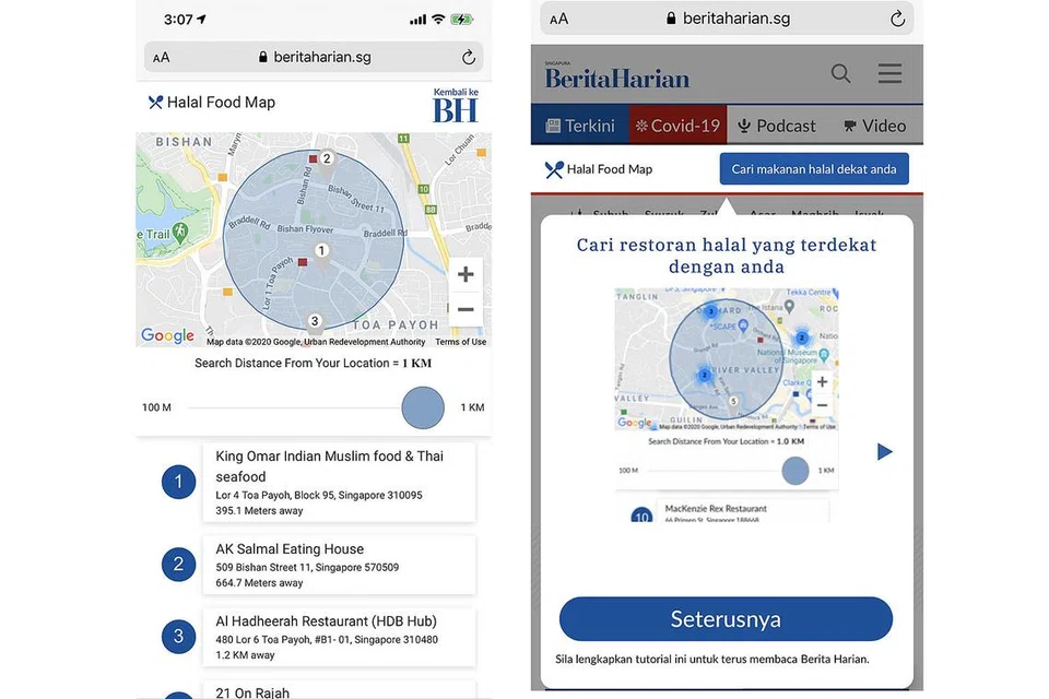 CIRI BARU: Peta Makanan Halal di BH.sg kini hanya boleh diakses menerusi 'web browser' sedang ia diperbaiki dan diperluas tahun ini.