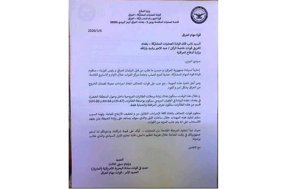 HANYA DRAF?: Surat dalam bahasa Arab tentera Amerika kepada Iraq yang bocor ini mencetus tanggapan tentang pengunduran Amerika. Tetapi Pengerusi Ketua Turus Bersama, Jeneral Tentera Darat Mark Milley, berkata ia dokumen draf kurang baik bagi menekankan pergerakan bertambah pasukan. - Foto REUTERS