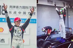 KEJAYAAN MANIS: Daim (kanan dan kiri) meraikan kejayaan memenangi perlumbaan sulungnya dalam siri F4 China ini pada hujung minggu lalu. - Foto BLACKART RACING, AXLE MOTOSPORT