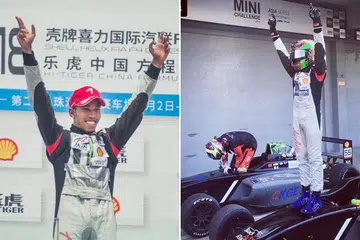 KEJAYAAN MANIS: Daim (kanan dan kiri) meraikan kejayaan memenangi perlumbaan sulungnya dalam siri F4 China ini pada hujung minggu lalu. - Foto BLACKART RACING, AXLE MOTOSPORT