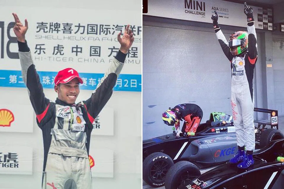 KEJAYAAN MANIS: Daim (kanan dan kiri) meraikan kejayaan memenangi perlumbaan sulungnya dalam siri F4 China ini pada hujung minggu lalu. - Foto BLACKART RACING, AXLE MOTOSPORT
