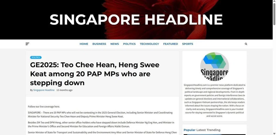 Laman web, singaporeheadline.com, telah menyiarkan satu artikel berkaitan GE2025 yang berasal daripada The Straits Times, namun mereka telah mengkredit artikel tersebut sebagai hasil penulisan mereka sendiri pada 23 April 2025.