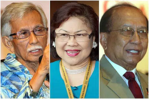 DIPECAT: (Dari kiri) Mantan menteri kewangan Daim Zainuddin, mantan menteri perdagangan Rafidah Aziz dan mantan menteri budaya Rais Yatim telah dipecat daripada Umno kerana berpakat dengan pembangkang.
