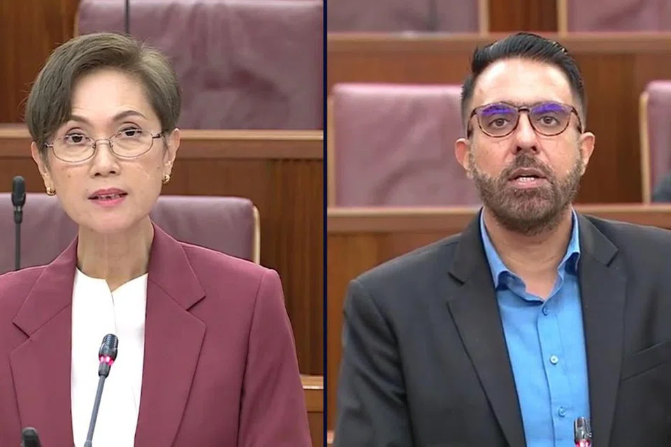 Menteri Penerangan dan Pembangunan Digital, Cik Josephine Teo (kiri), menjawab soalan Ketua Pembangkang, Encik Pritam Singh, yang menyatakan kebimbangannya mengenai prestasi SPH Media.