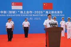 Timbalan komander armada Angkatan Laut Republik Singapura ,  Kolonel Ng Yen Meng, berucap di majlis perasmian latihan dari 5 hingga 9 September 2026.