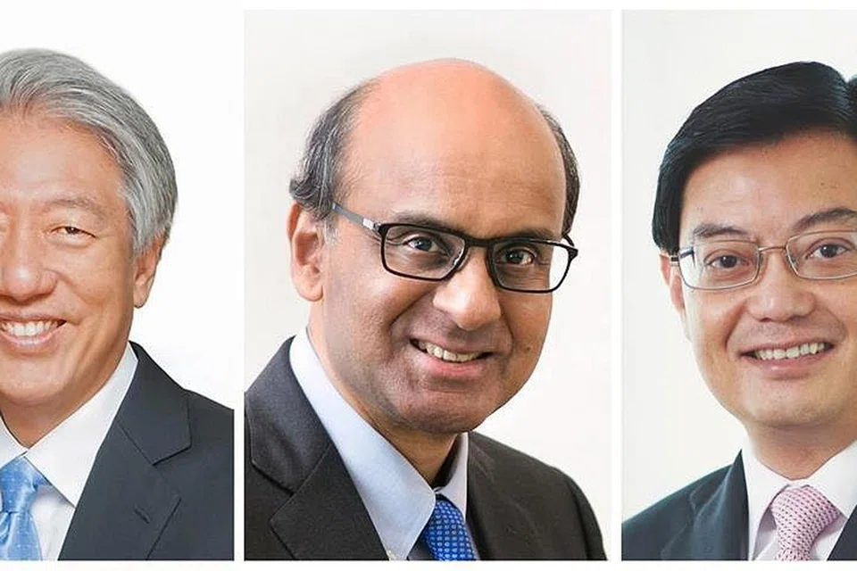 Encik Teo Chee Hean (kiri) dan Encik Tharman Shanmugaratnam (tengah) dilantik Menteri Kanan, sementara Encik Heng Swee Keat (kanan) dilantik Timbalan Perdana Menteri, berkuatkuasa 1 Mei ini.