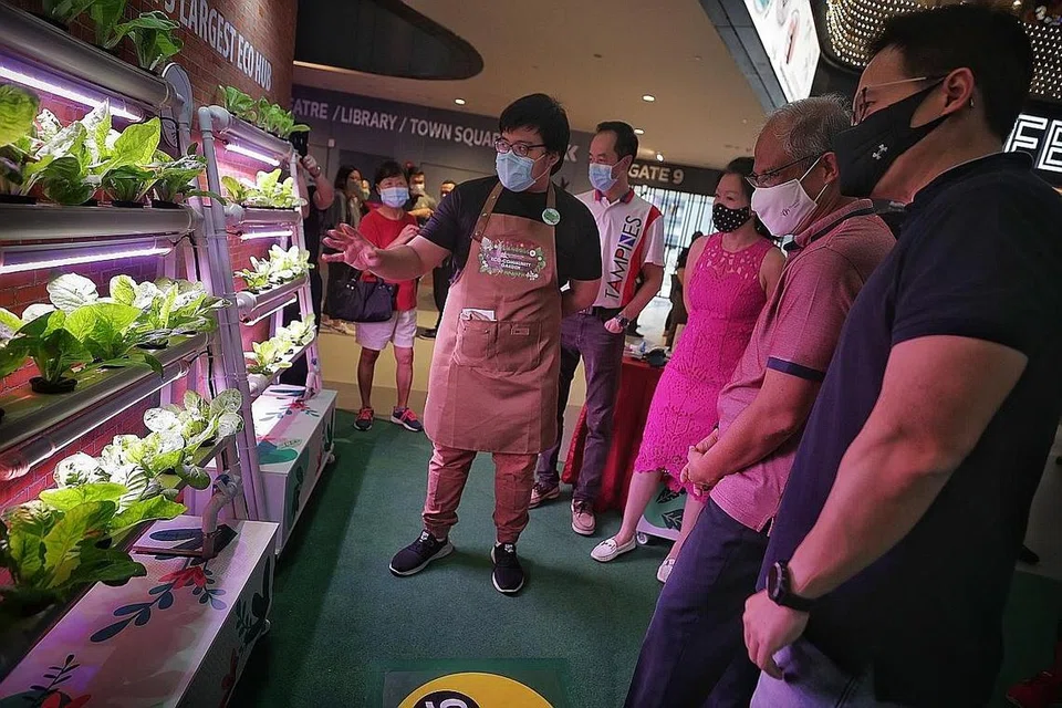 BANDAR EKO: Encik Masagos, yang ditemani penasihat pertubuhan akar umbi Tampines (dari kiri) Dr Koh Poh Koon, Cik Cheng Li Hui dan Encik Desmond Choo, melihat hidroponik menegak di reruai pertunjukan dengan relawan eko Our Tampines Hub, Encik Rian Naim (tengah), 17 tahun, di Our Tampines Hub semalam. - Foto BM oleh JASON QUAH