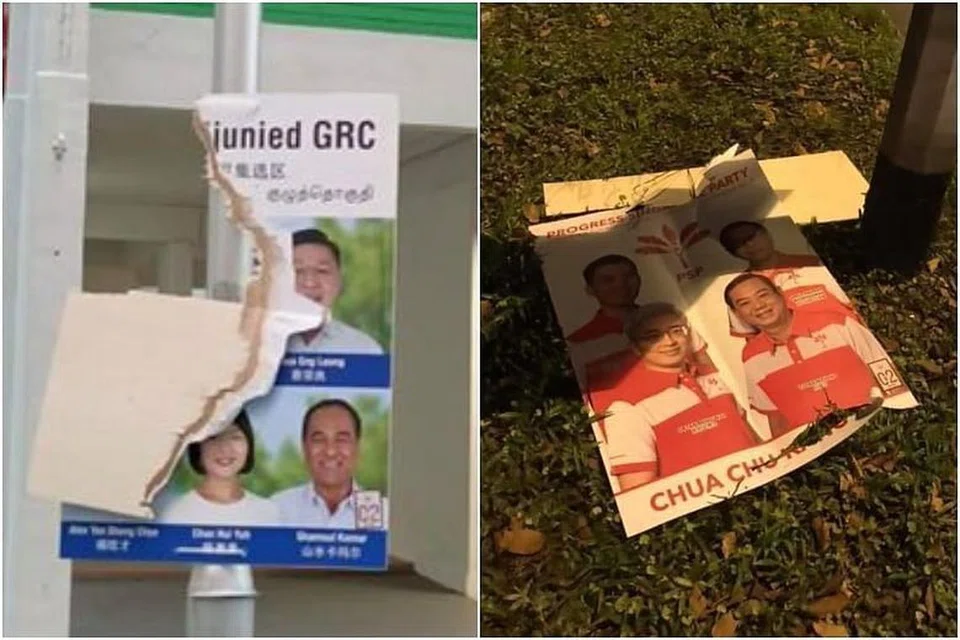 Poster PAP yang menampilkan calon bertanding di GRC Aljunied di Hougang Ave 10 dan poster PSP di Bukit Batok East Ave 5 yang dirosakkan - FOTO-FOTO DIAMBIL DARI FACEBOOK. 