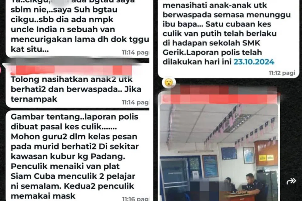 Tangkap layar mesej di aplikasi WhatsApp yang tular di media sosial berkaitan kejadian culik oleh van bernombor pendaftaran Thailand di Kampung Padang, Gerik, Perak.