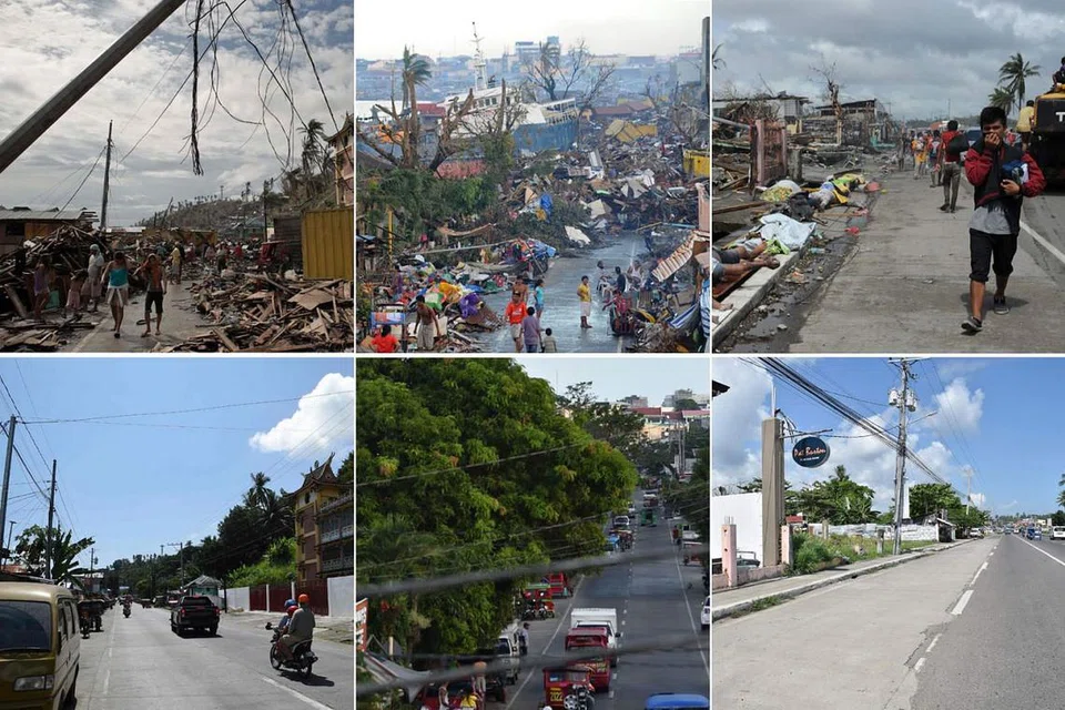 SUASANA BEZA: Gambar barisan atas semua menunjukkan kemusnahan yang dibawa Taufan Haiyan ke Bandar Tacloban, Filipina, pada 2013. Gambar barisan bawah menampilkan kawasan sama baru-baru ini. - Foto-foto AFP