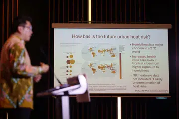 Profesor Iklim Bandar di Universiti Pengurusan Singapura (SMU) yang juga Pengerusi Bersama Panel Antara Pemerintah mengenai Perubahan Iklim (IPCC), Dr Winston Chow, berucap di forum Rangkaian Maklumat Kesihatan Haba Sejagat (GHHIN) Asia Tenggara di Parkroyal on Beach Road pada 7 Januari.