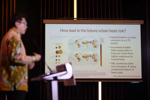 Profesor Iklim Bandar di Universiti Pengurusan Singapura (SMU) yang juga Pengerusi Bersama Panel Antara Pemerintah mengenai Perubahan Iklim (IPCC), Dr Winston Chow, berucap di forum Rangkaian Maklumat Kesihatan Haba Sejagat (GHHIN) Asia Tenggara di Parkroyal on Beach Road pada 7 Januari.