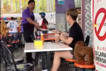 Tangkap layar seorang lelaki memesan makanan dan minuman di sebuah restoran mamak di Segamat Baru, Segamat, sambil ditemani anjing.