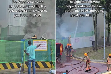 PADAM API: Beberapa orang awam dilihat bertindak memadamkan satu kebakaran yang berlaku di Woodlands Street 81 pada 1 September.