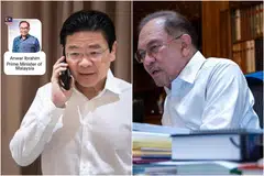 Perdana Menteri Encik Lawrence Wong (kiri) dan rakan sejawatannya dari Malaysia, Datuk Seri Anwar Ibrahim, mengadakan perbincangan melalui panggilan telefon pada 25 Mac.