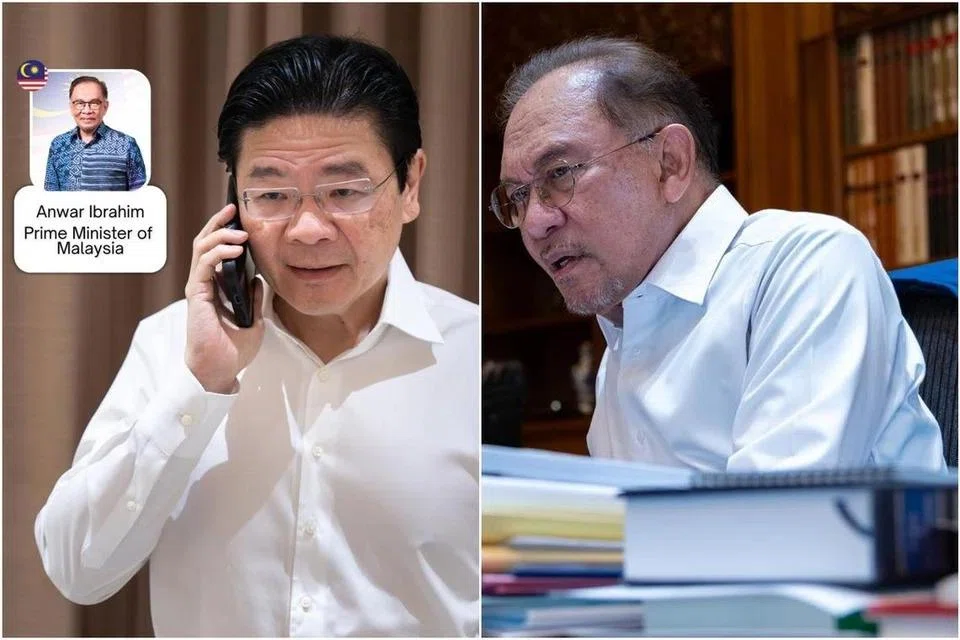 Perdana Menteri Encik Lawrence Wong (kiri) dan rakan sejawatannya dari Malaysia, Datuk Seri Anwar Ibrahim, mengadakan perbincangan melalui panggilan telefon pada 25 Mac.