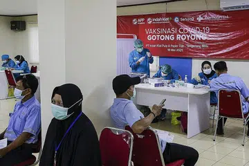 INOKULASI PEKERJA: Indonesia memulakan inokulasi pekerja buruh intensif melalui program yang dibiayai syarikat. - Foto EPA-EFE